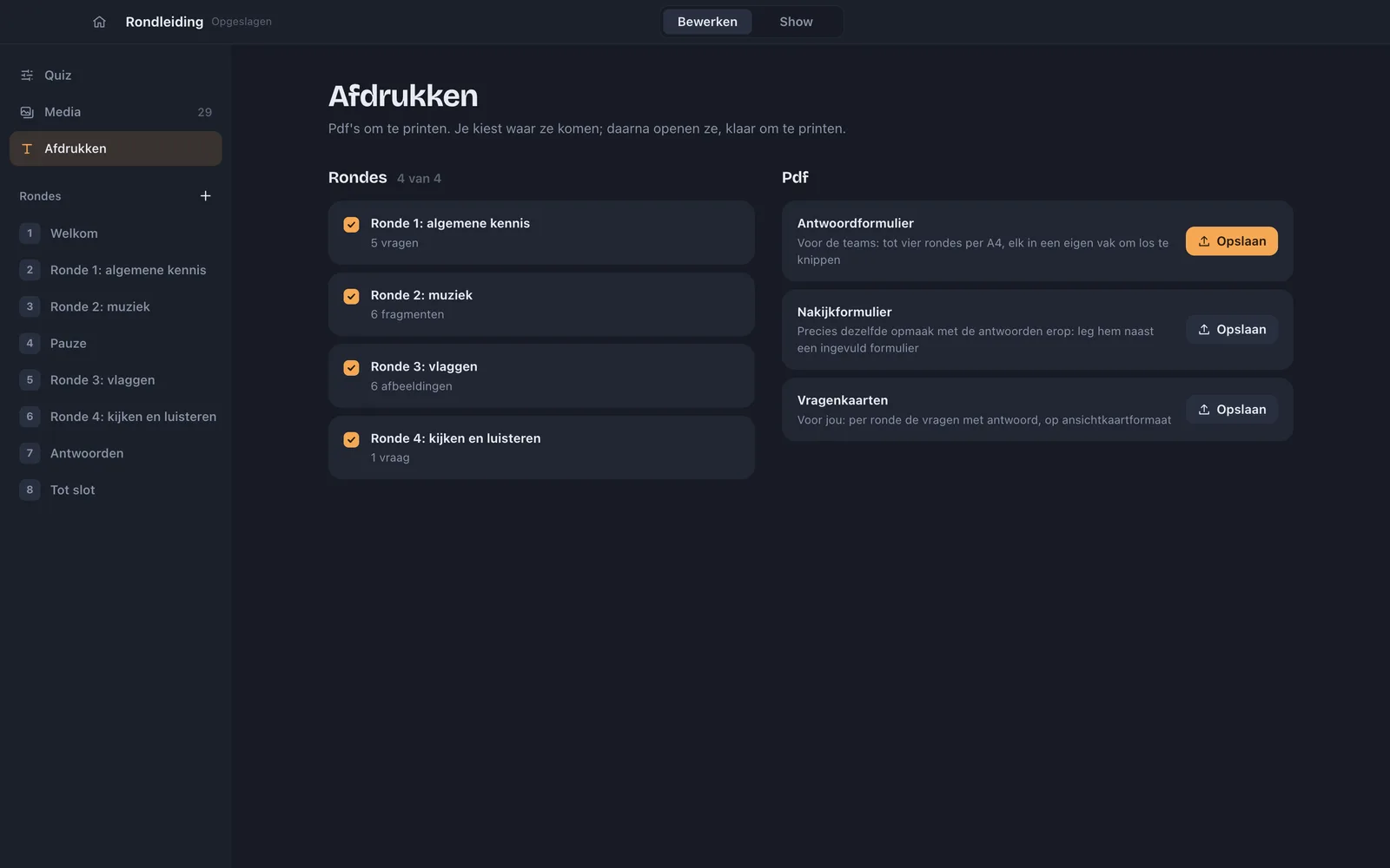 Het scherm Afdrukken: kies de rondes en maak een antwoordformulier, een nakijkformulier of vragenkaarten.