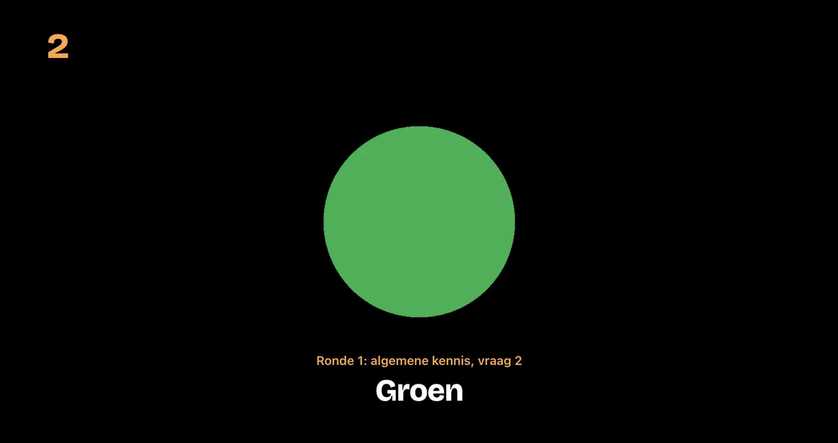 Op de beamer: het antwoord op vraag 2, groen.