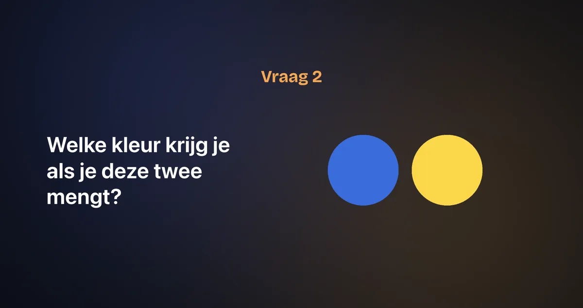 Op de beamer: vraag 2, welke kleur krijg je als je blauw en geel mengt?
